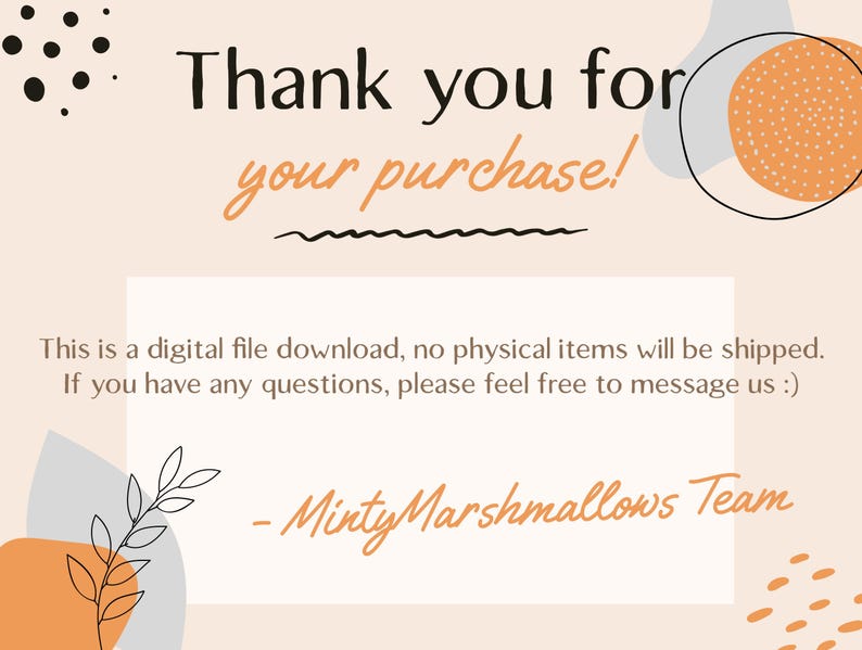 Puede incluir: &iexcl;Gracias por tu compra! Esta es una descarga de archivo digital, no se enviar&aacute;n art&iacute;culos f&iacute;sicos. Si tienes alguna pregunta, no dudes en contactarnos :) - Minty Marshmallows Team