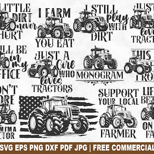 Paquete de tractores agrícolas PNG SVG, archivo de corte SVG de granjero de granja para Cricut Silhouette, tractor imprimible PNG para camisetas, tazas y manualidades