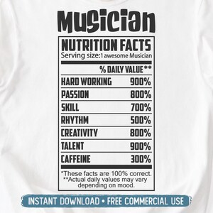 Musician Nutrition Facts PNG SVG Cut File, Funny Musician Gift Svg for Cricut Silhouette, Singer Label Printable Png for Shirts Mugs Crafts