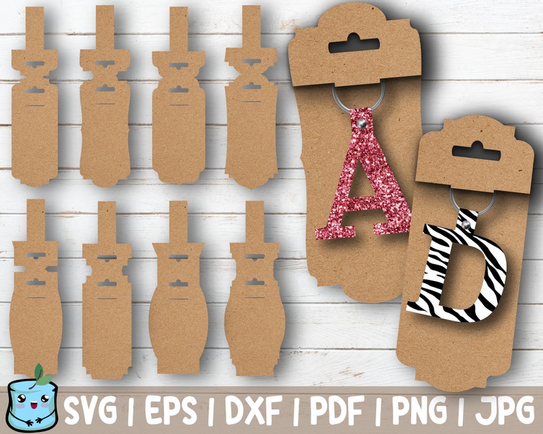 May include: A set of 10 blank brown cardstock keychains with a cut-out design for personalization. The keychains are ready to be decorated with glitter, paint, or other embellishments. The set includes two keychains with a letter A and D cut-out design.