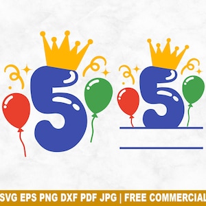 Ballons anniversaire no 5 SVG coupe fichier, 5 ans SVG pour Silhouette Cricut, anniversaire Split monogramme PNG imprimable pour chemises tasses artisanat
