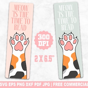 Meow Time To Read, Funny Cat Bookmarks SVG PNG File, Cute Kitten Bookmark Cut File for Cricut Silhouette, Cat Paw Bookmark Printable Png