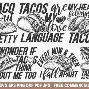 Liebe Tacos SVG Bundle, lustige Tacos SVG Schnittdatei für Cricut Silhouette, mexikanisches Essen druckbare PNG für Shirts Tassen Kunsthandwerk