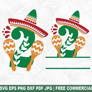 Fiesta Geburtstag Nr. 2 SVG-Schnittdatei, 2 Jahre alte SVG für Cricut Silhouette, Sombrero Split-Monogramm druckbare PNG für Hemden, Tassen, Handwerk