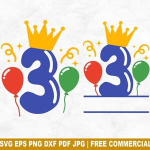 Luftballons Geburtstag Nr. 3 SVG Schnittdatei, 3 Jahre alt SVG für Cricut Silhouette, Geburtstag Split Monogramm druckbare PNG für Shirts Tassen Kunsthandwerk