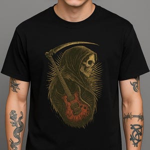 Maglietta con chitarra e teschio, maglietta con band rock gotica, maglietta con grafica a teschio metallico, top streetwear punk gotico