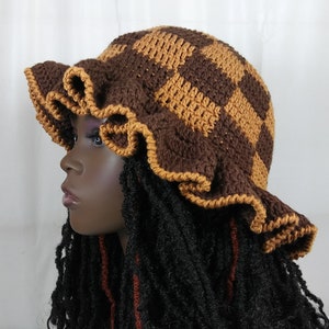 Crochet Ruffled Bucket Hat, Checker Bucket Hat, Cotton Knit Ruffle Bucket Hat, Brown Ruffle Brim Hat, Bucket Hat with Ruffle Edge
