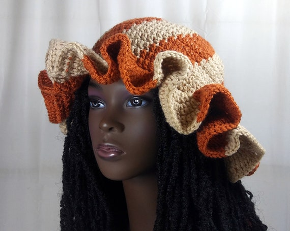 Pumpkin Spice Bucket Hat, Crochet Ruffled Swirl Bucket Hat, Knit