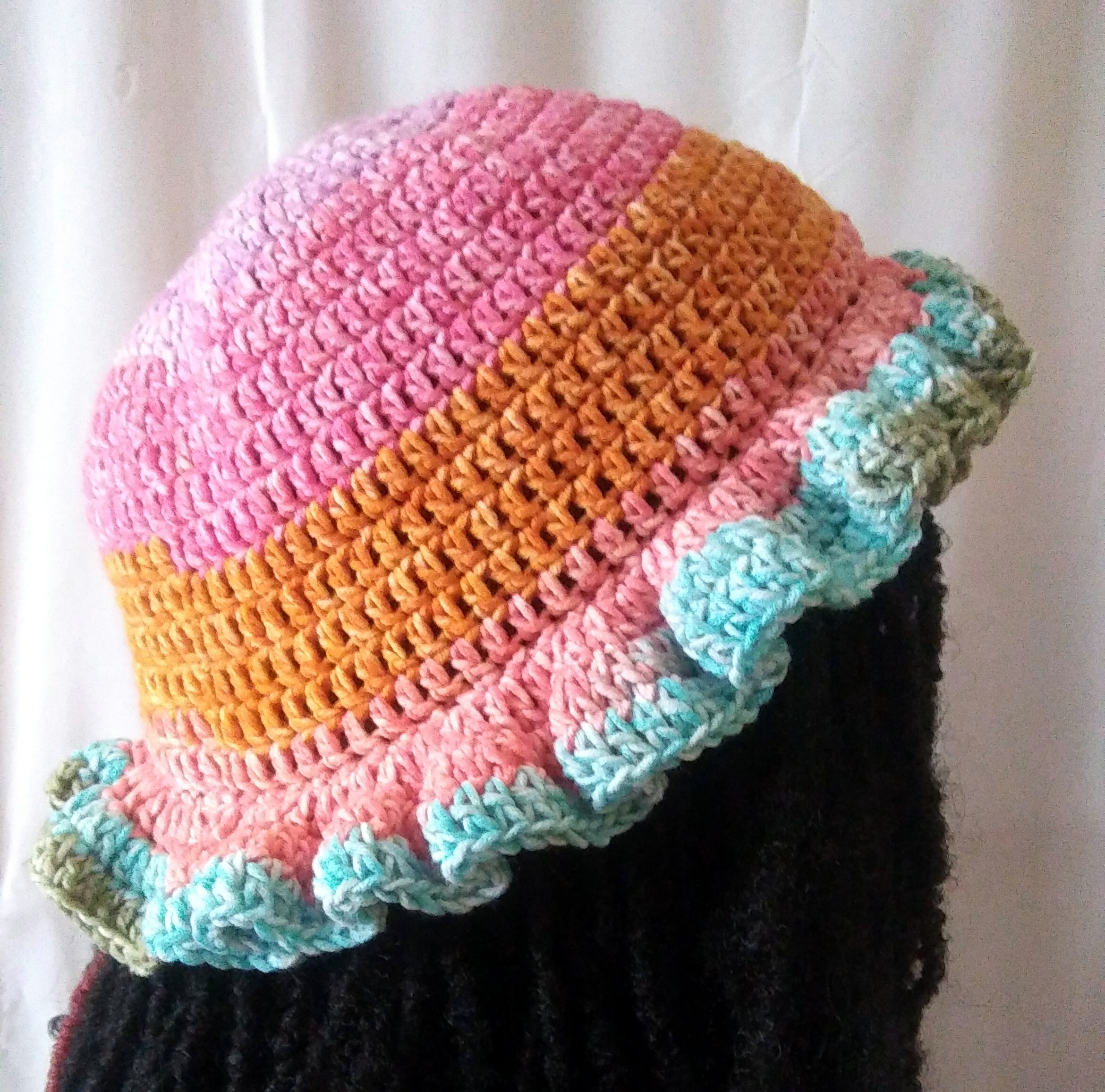 Striped Bucket Hat With Fluffy Ruffle, Crochet Ruffle Bucket