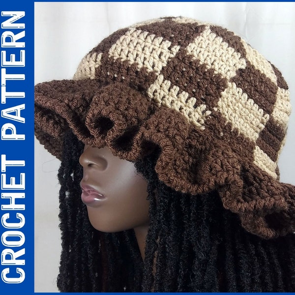 Checker Ruffle Bucket Hat Pattern, DIY Crochet, Instant PDF Download