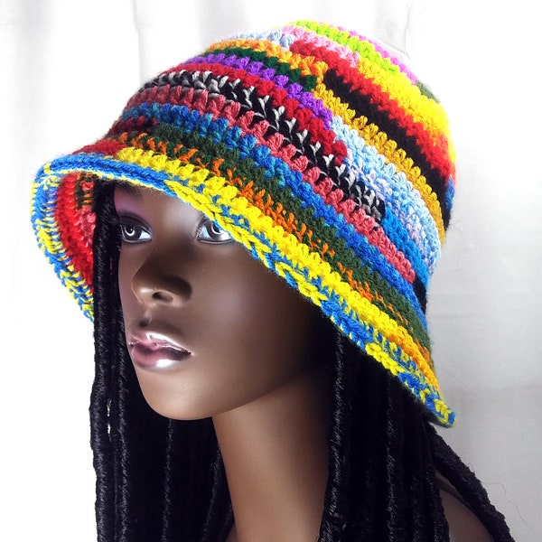 Multi-Color Bucket Hat, Bright Striped Cloche, Color Block Trendy Fashion Hat