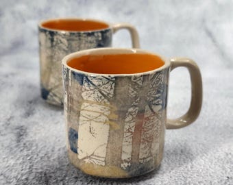 Handgefertigtes Espresso Tassen Set - Baum Motiv mit orange Glasur, Förster Geschenk