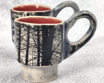 Handgemachtes Espresso Tassen Set - Wald Druck, Rot Innen