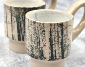 Set aus zwei Tassen | Waldlandschaft | 60 ml Keramik Kaffeebecher | Umweltfreundlich | Minimalistisch