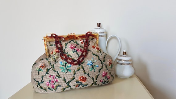 1950s tapestry handbag - Vintage Floral Needlepoin