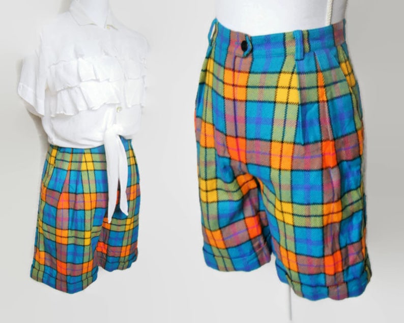 Vintage Escada Shorts 80s Wool plaid shorts Retro Escada Pants Wool shorts Size 34 small Designer Margaretha Ley Blue yellow