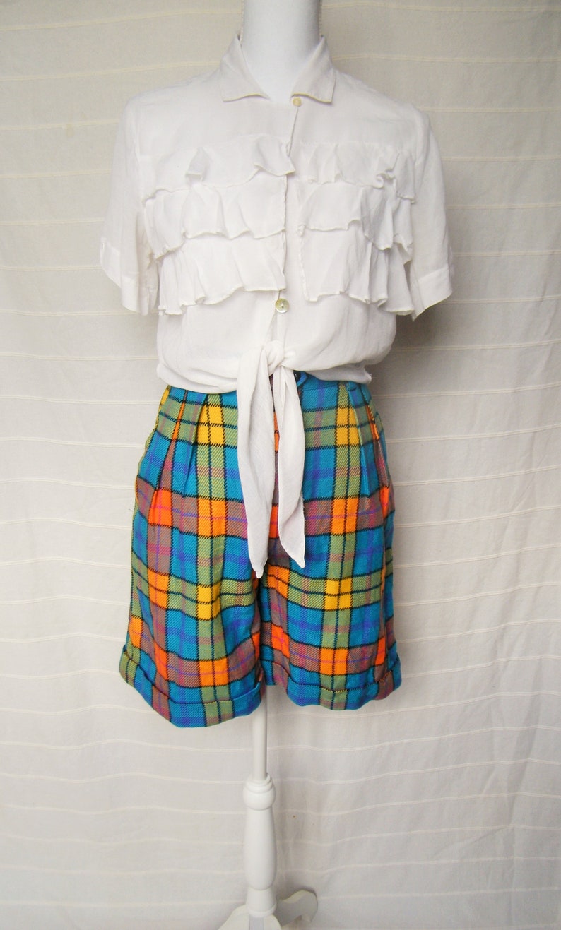 Vintage Escada Shorts 80s Wool plaid shorts Retro Escada Pants Wool shorts Size 34 small Designer Margaretha Ley Blue yellow