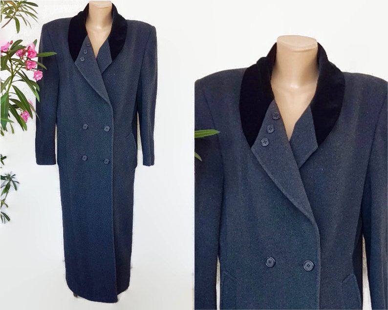 80s grey wool and velvet coat steampunk floor length coat MEDIUM