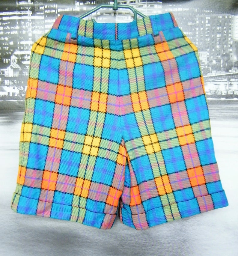 Vintage Escada Shorts 80s Wool plaid shorts Retro Escada Pants Wool shorts Size 34 small Designer Margaretha Ley Blue yellow