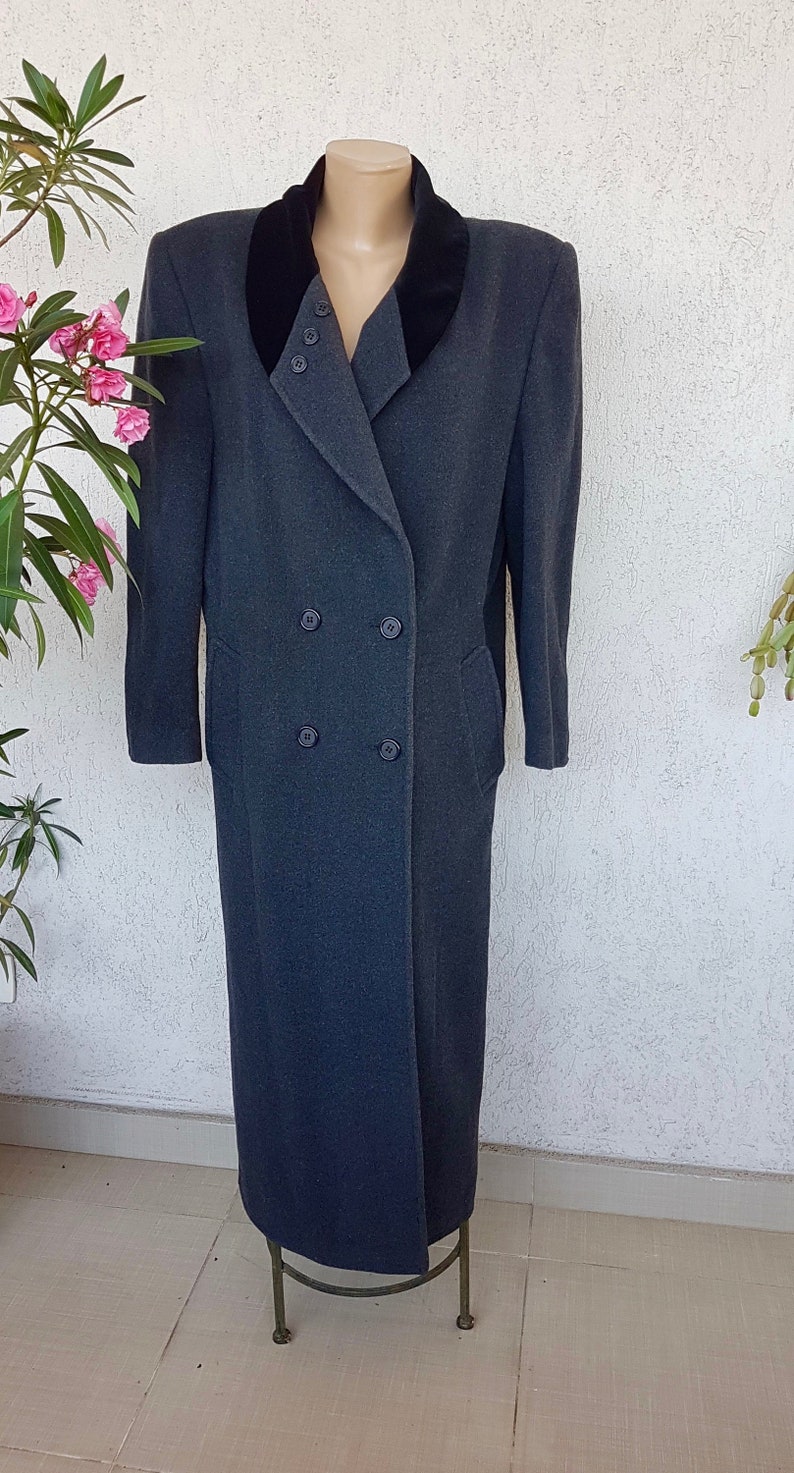 80s grey wool and velvet coat steampunk floor length coat MEDIUM
