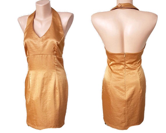 90s golden bronze satin mini party dress backless
