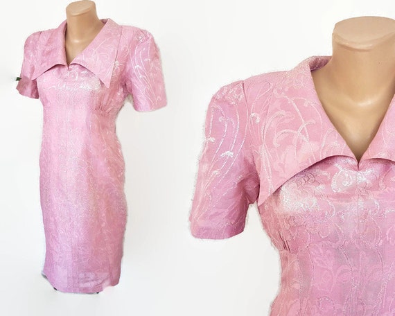 60s blush pink Jacquard dress with silver thread a