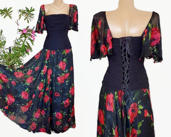 Silk two piece dress set corset top poppy roses si
