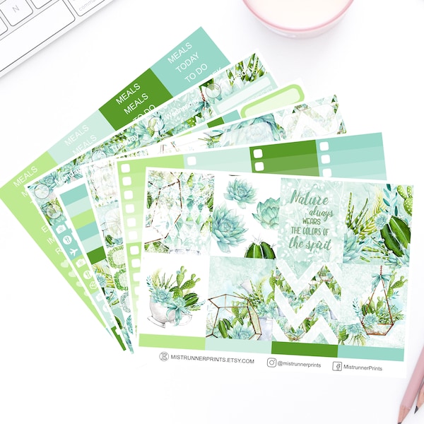 Weekly Planner Kit || Green plants sticker || Spring succulents || Vertical planner || Nature stickers