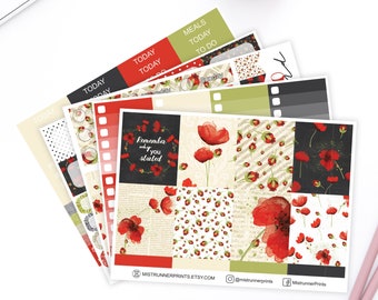 Red Poppy Flower Weekly Planner Sticker kit