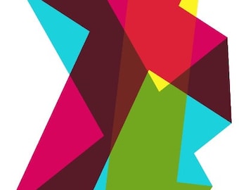 Può includere: Design geometrico astratto con forme sovrapposte in rosso, rosa, giallo, verde e blu.