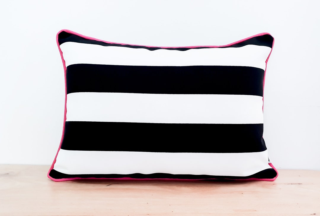 Black and White Striped Cushion Cover With HOT PINK Piping, Cover Only