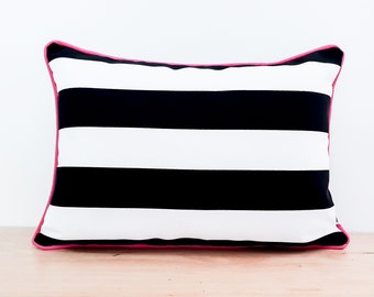 Black and White Striped Cushion Cover with HOT PINK Piping, Cover Only, Black and White Striped Pillow, Scatter Cushion