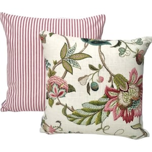 Red Floral Cushion Cover, Hamptons Pillow, Cover Only, Jacobean Floral Cushion Cover, Scatter Cushion. Cotton Cushion, Red Striped Cushion