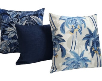Blue Tropical Outdoor Cushion Cover, Cover Only, Palm Tree Cushions, Tommy Bahama cushions, Tropical Pillows, Blue Cushions, Navy Cushions
