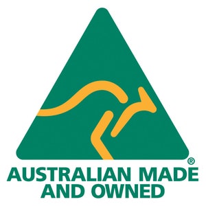 May include: A green triangle with a yellow kangaroo inside. The text "AUSTRALIAN MADE AND OWNED" is below the triangle. There is a registered trademark symbol to the right of the text.