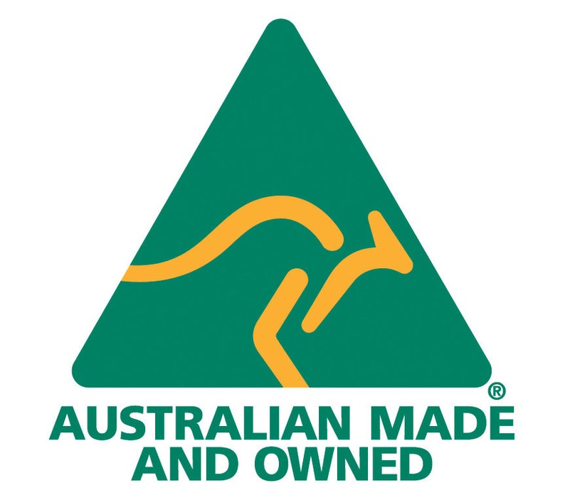 May include: A green triangle with a yellow kangaroo inside. The text "AUSTRALIAN MADE AND OWNED" is below the triangle. There is a registered trademark symbol to the right of the text.