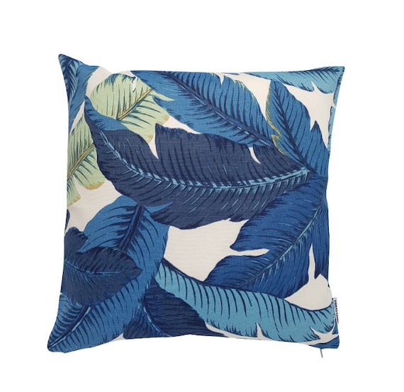 Outdoor Pillows Blue Palm Leaf Cushions Tropical Leaves Blue Outdoor Pillow