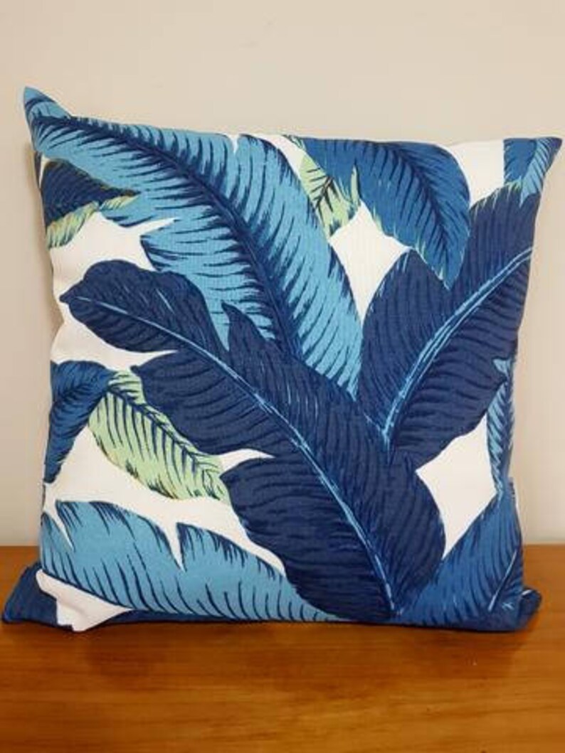 Outdoor Pillows Blue Palm Leaf Cushions Tropical Outdoor Etsy