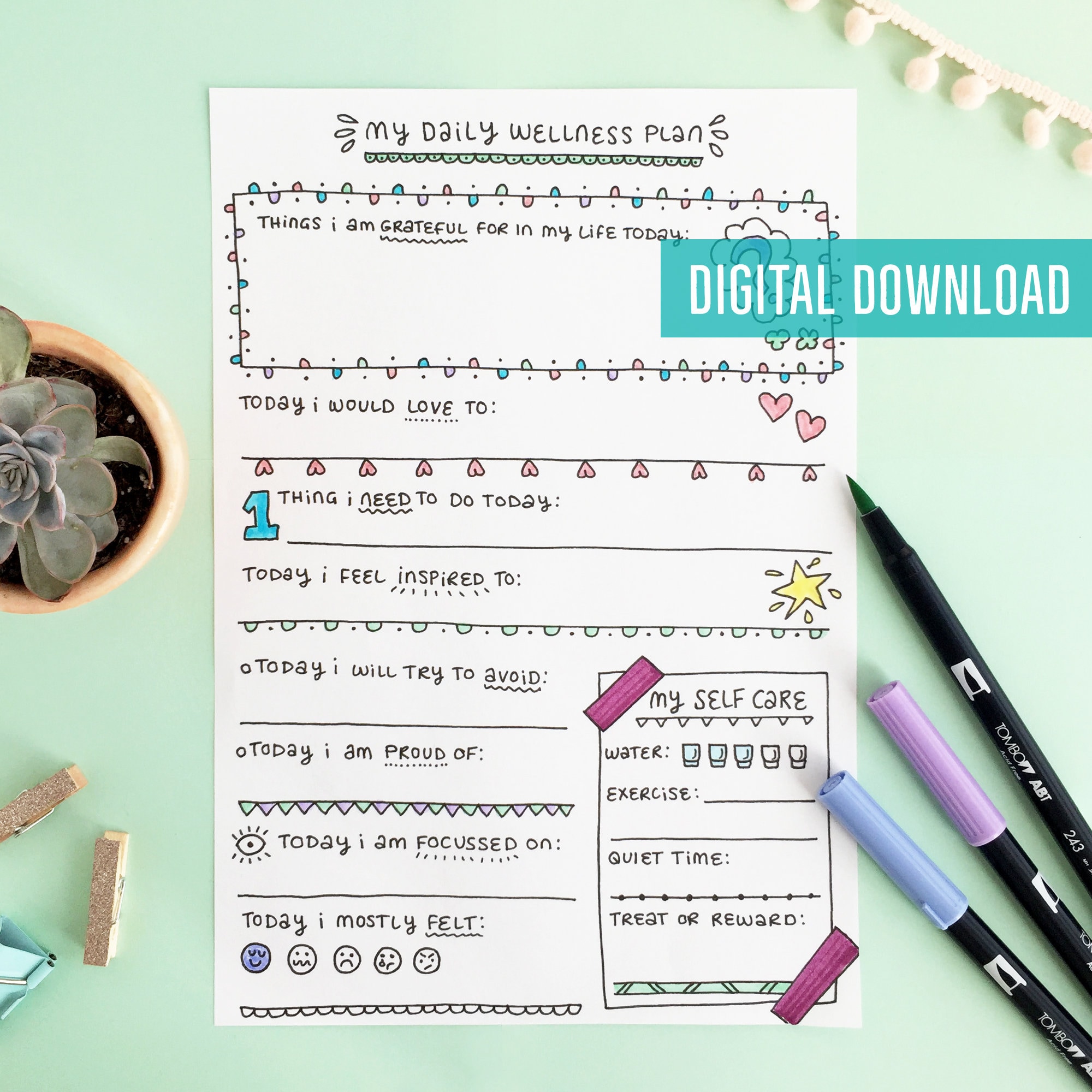 Daily Wellness Planner Printable PDF Download Self-care and Wellbeing ...