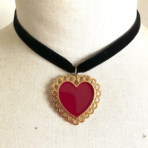 Black velvet choker necklace with burgundy and gold enamel heart pendant