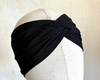 Wide crossed headband in black jersey