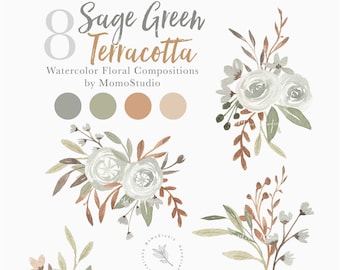 Watercolor Sage Green terracotta Florals Clipart, Floral Greenery Leaf Bouquets, Wedding Invitation Clip Art, White Florals RSVP png /B55-02