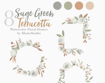 Watercolor Sage Green Frames: Sage Green Terracota Greenery Leaf Frames, Wedding Invitation Clip Art, White Florals, Bridal Shower /B55-01