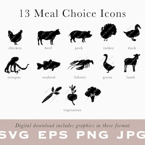 Icônes CHOIX DE REPAS pour carte RSVP, marque-places bœuf, végétarien, poisson, homard, volaille, agneau, porc / Save the Date / imprimable mariage / B14-03