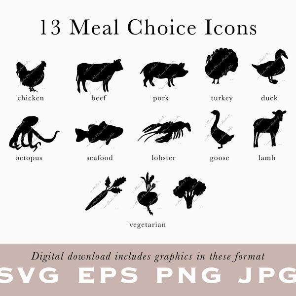MEAL CHOICE Icons for RSVP Card, Place Card Beef, Vegetarian, Fish, Lobster, Poultry, Lamb, Pork / Save the Date / Wedding Printable /B14-03