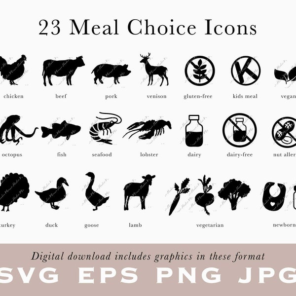 Meal Choice Icons Beef Vegetarian Pork Seafood Vegan Gluten-free Nut Allergy Newborn Kids Menu Dairy-free RSVP Place Card SVG PNG /B14-06