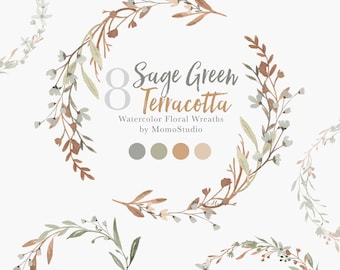 Watercolor Sage Green Wreaths, Sage Green Terracota Leaf Wreaths Clipart, Wedding Invitation Clip Art, Neutral Floral, Bridal Shower /B55-03