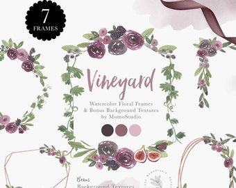 Vineyard Watercolor Floral Frames Clipart, Wedding Invitation Clipart, Mauve Plum Burgundy Floral Clipart, Wine label favor gift tag /B62-02