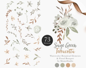 Sage Green and Terracotta Watercolor Florals Clipart, Fall Floral Graphics, Vintage Rustic Wedding Invitation, Neutral Florals png /B55-04