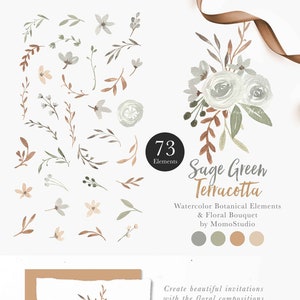 Clipart fleurs aquarelle vert sauge et terre cuite, graphiques floraux d'automne, faire-part de mariage rustique vintage, fleurs neutres png /B55-04